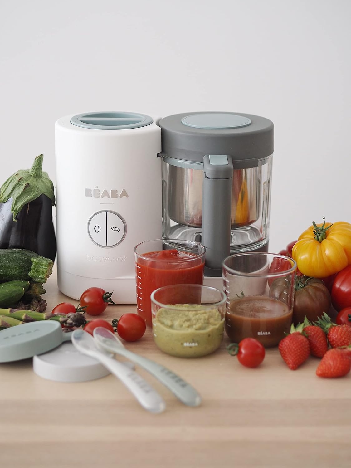 BÉABA, Babycook Néo, Mixeur Cuiseur Vapeur 6 en 1, Robot Bebe Fabriqué en France, Bol en Verre, Cuve Inox, Grande contenance, Diversification alimentaire, Petits pots bébé maison, Rapide, Eucalyptus