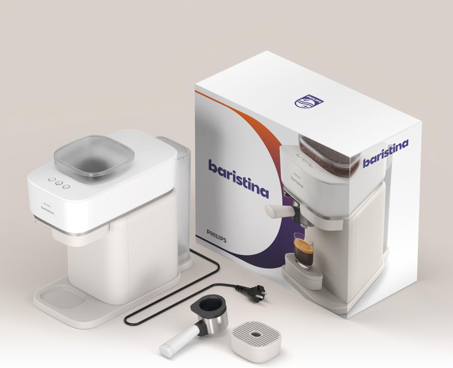 Philips Baristina Machine à expresso - Un véritable expresso, en toute simplicité - Compacte - 16 bars de pression - Broyeur intégré - Machine blanche avec porte-filtre blanc (BAR300/00)