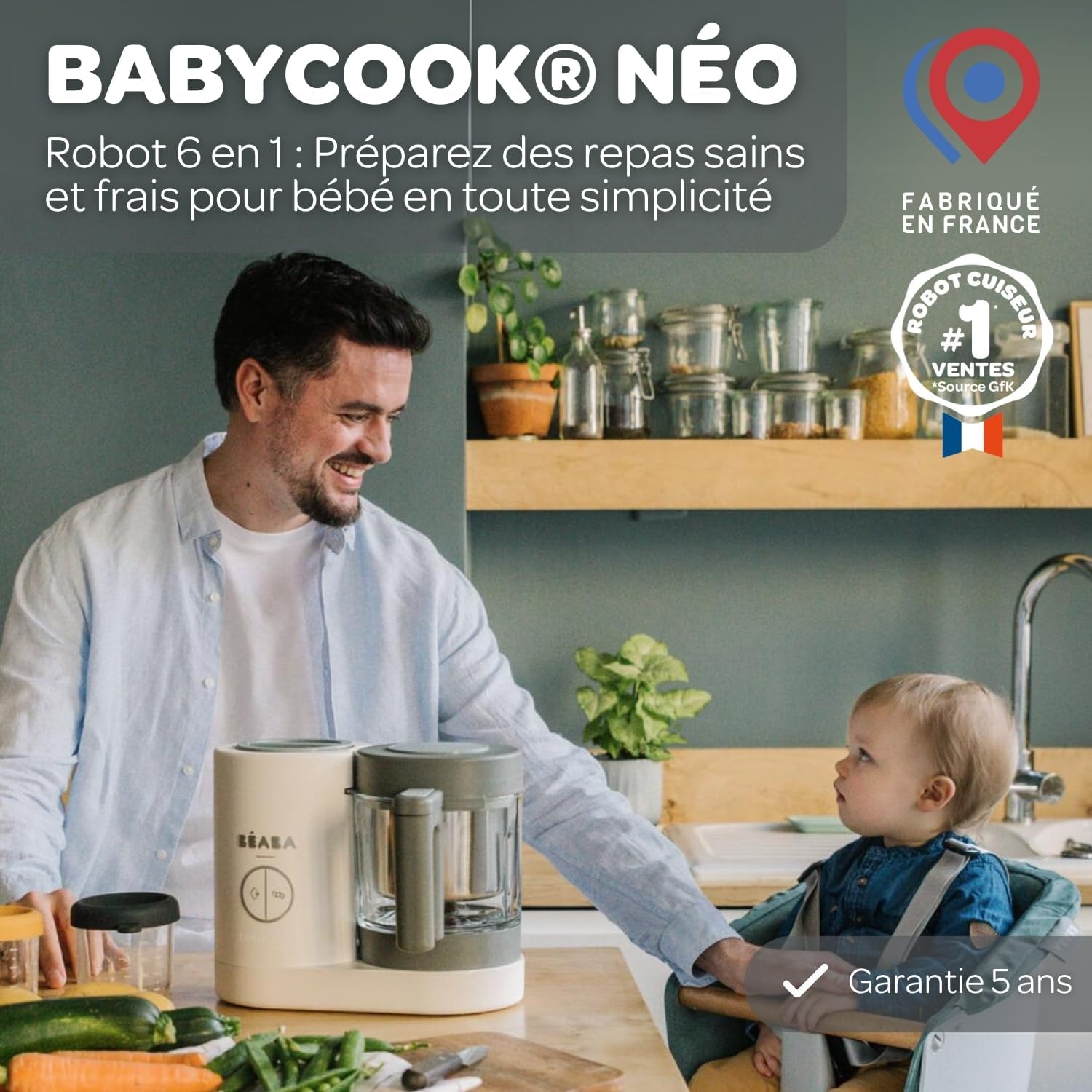 BÉABA, Babycook Néo, Mixeur Cuiseur Vapeur 6 en 1, Robot Bebe Fabriqué en France, Bol en Verre, Cuve Inox, Grande contenance, Diversification alimentaire, Petits pots bébé maison, Rapide, Eucalyptus