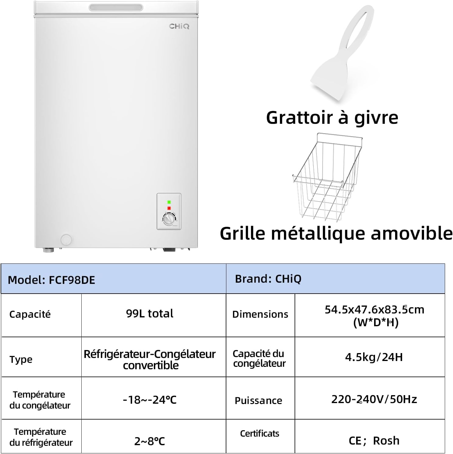 Congélateur coffre CHiQ 142L, 63,5 x 55,6 x 83,5cm, Congélateur Inverter, Affichage de la température extérieure, Mode de congélation rapide -32℃, Grille métallique,Faible bruit