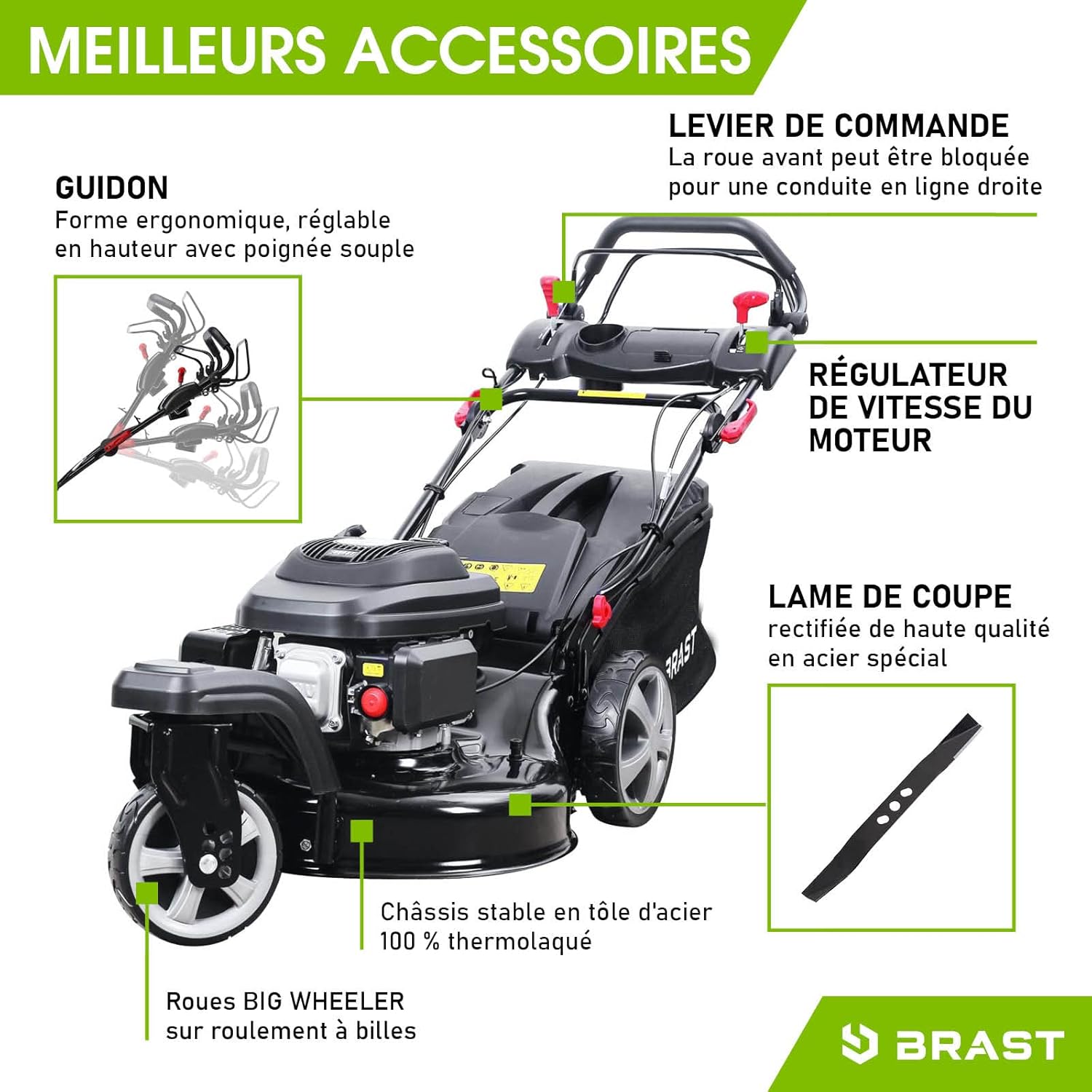 BRAST tondeuse thermique 3 roues TRIKE E-START 224cc 53cm tractée démarrage électrique mulching 4en1 capot en tôle en acier 60l - moteur 4 temps de la marque française GT reglable