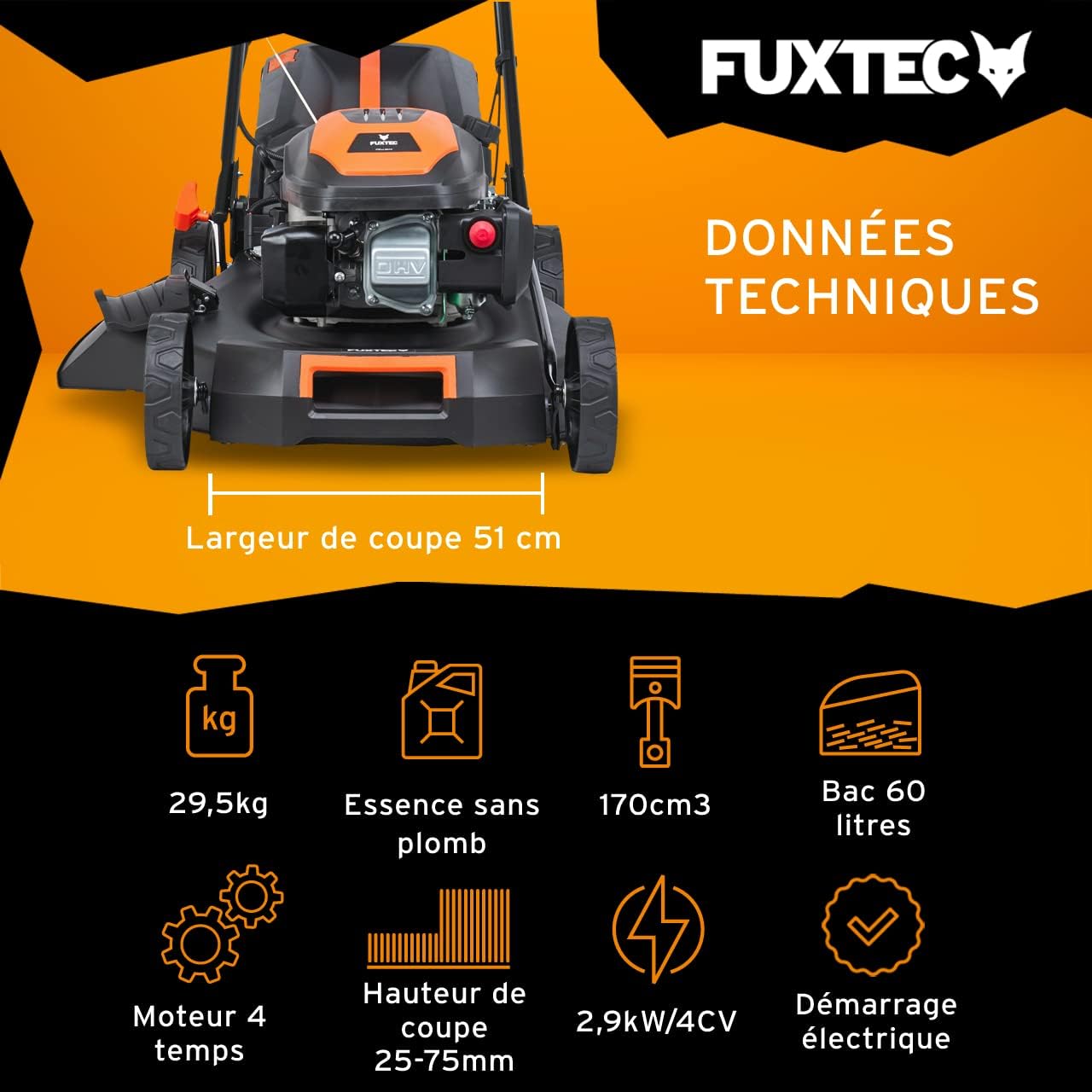 FUXTEC Tondeuse Thermique Autotractée Démarrage Électrique FX-RM5170eS 4en1-170cm3 4CV | 4 Temps | Largeur 51cm, Hauteur De Coupe 7 Positions, Bac 60L, Fonction Mulching, Éjection Latérale