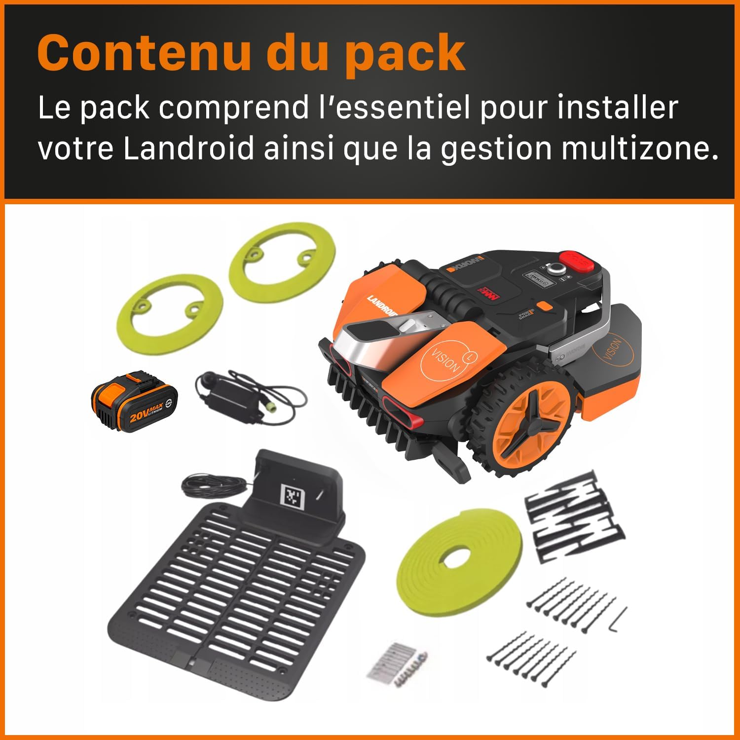 WORX LANDROID Vision WR206E.1, Robot Tondeuse sans Fil périphérique 600 m² Surf.Max 700 m², Installation en 30 Min, Caméra 4K + IA Adaptative, évite Tous Les Obstacles, Coupe des Bordures, Multizone