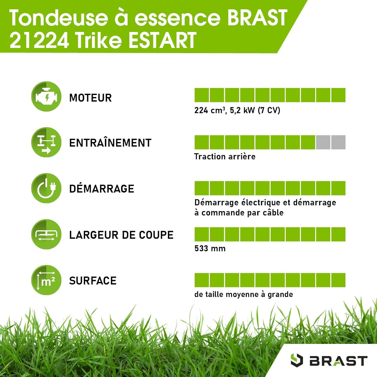 BRAST tondeuse thermique 3 roues TRIKE E-START 224cc 53cm tractée démarrage électrique mulching 4en1 capot en tôle en acier 60l - moteur 4 temps de la marque française GT reglable