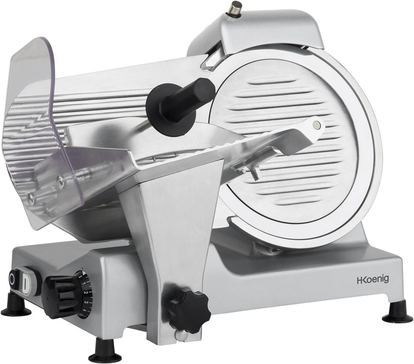 H.Koenig Trancheuse électrique à viande MSX254, charcuterie, professionnelle, précise,coupe 0-12 mm,lame 25 cm,aiguiseur intégré,large plateau,282 rpm, Rouge