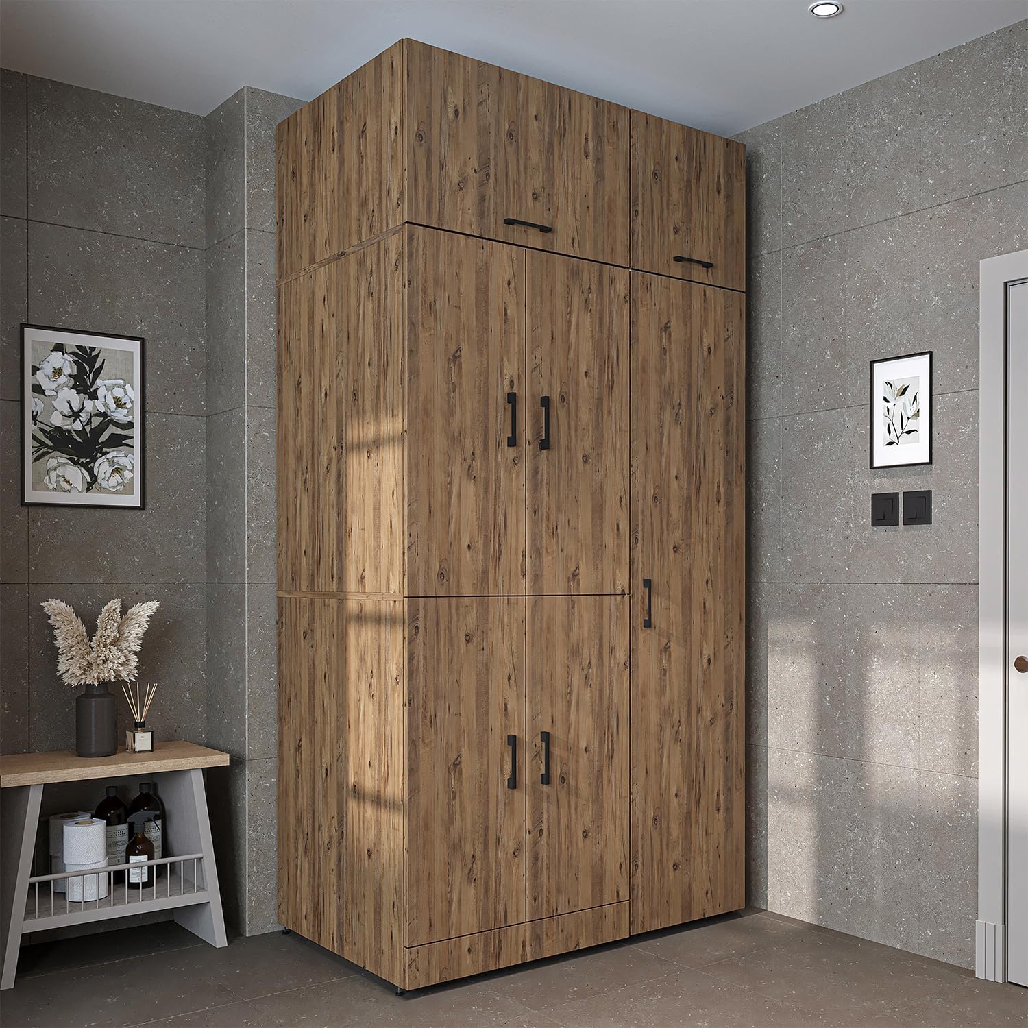 ROOMART Dora - Armoire de machine à laver - Pour sèche-linge et machine à laver - En 4 couleurs - Avec portes et panneau coulissant - Blanc - Chêne blanc - Chêne anthracite - Chêne blanc (chêne blanc)