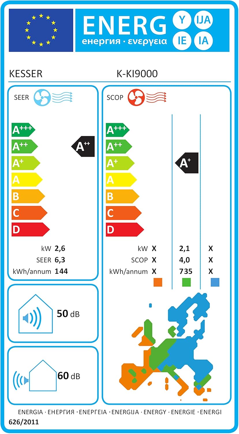 KESSER® Climatisation SET réversible - Climatiseur avec fonction WiFi/Application - Refroidissement A++/ Chauffage A+, Fluide réfrigérant R32 - Écran LCD, Split 12000 BTU/h / 3400 Watt - Anthrazit