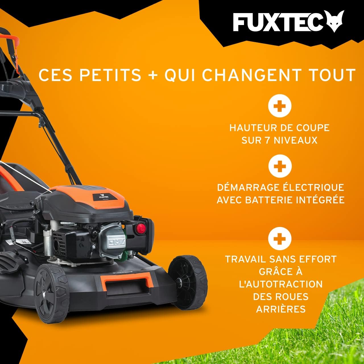FUXTEC Tondeuse Thermique Autotractée Démarrage Électrique FX-RM5170eS 4en1-170cm3 4CV | 4 Temps | Largeur 51cm, Hauteur De Coupe 7 Positions, Bac 60L, Fonction Mulching, Éjection Latérale