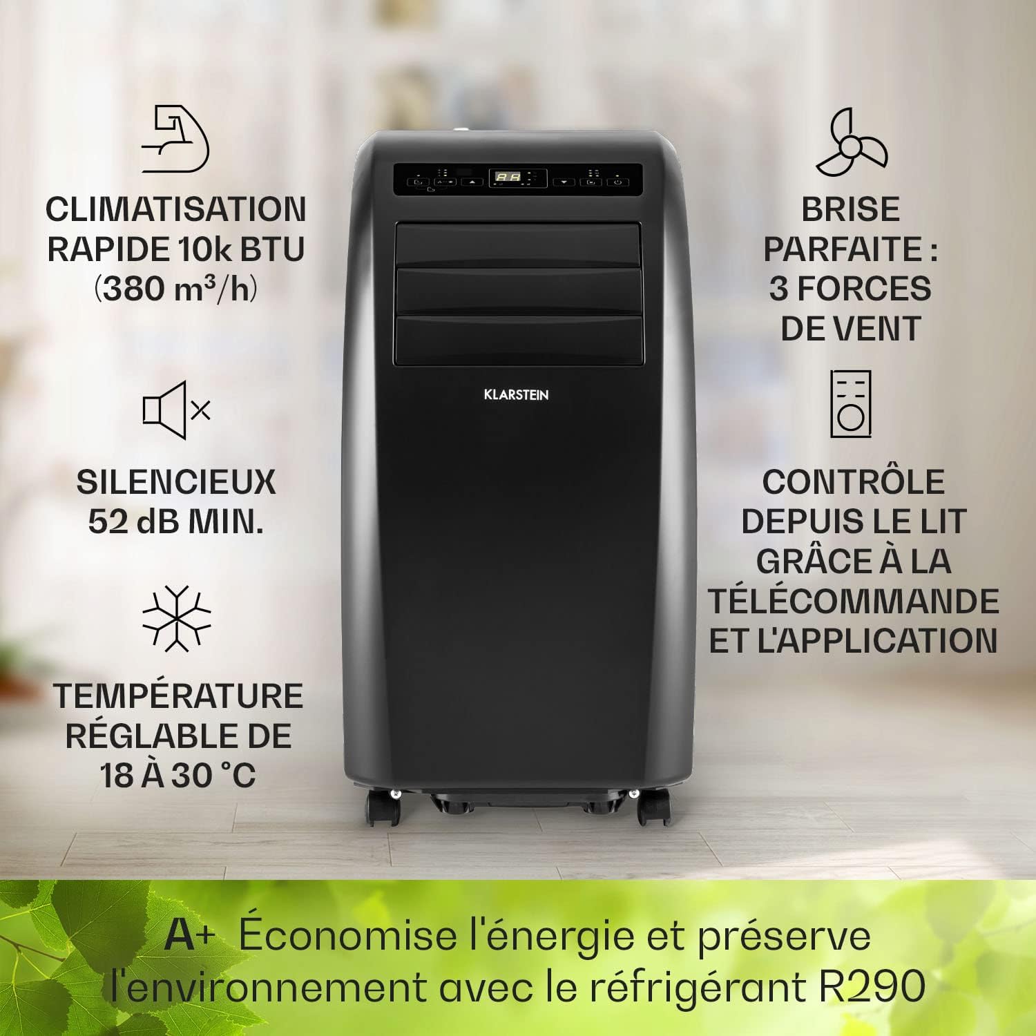 Klarstein Climatiseur Mobile Silencieux, 4 en 1, Mode Nuit, Déshumidificateur, Ventilateur, Mini Climatisation à Faible Conso, Evacuation, Clim Portable, Puissante, 10000 BTU