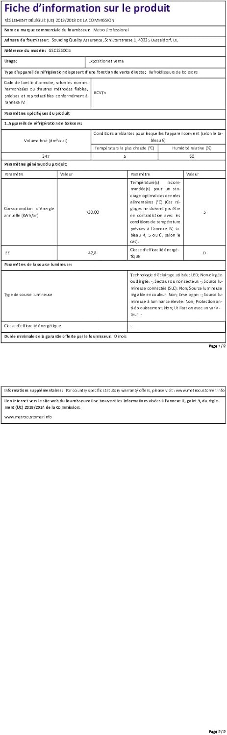 METRO Professional Réfrigérateur à Boissons GSC2360B, Acier/Verre, 62 x 63.6 x 175.3 cm, 347 L, avec Serrure, Noir