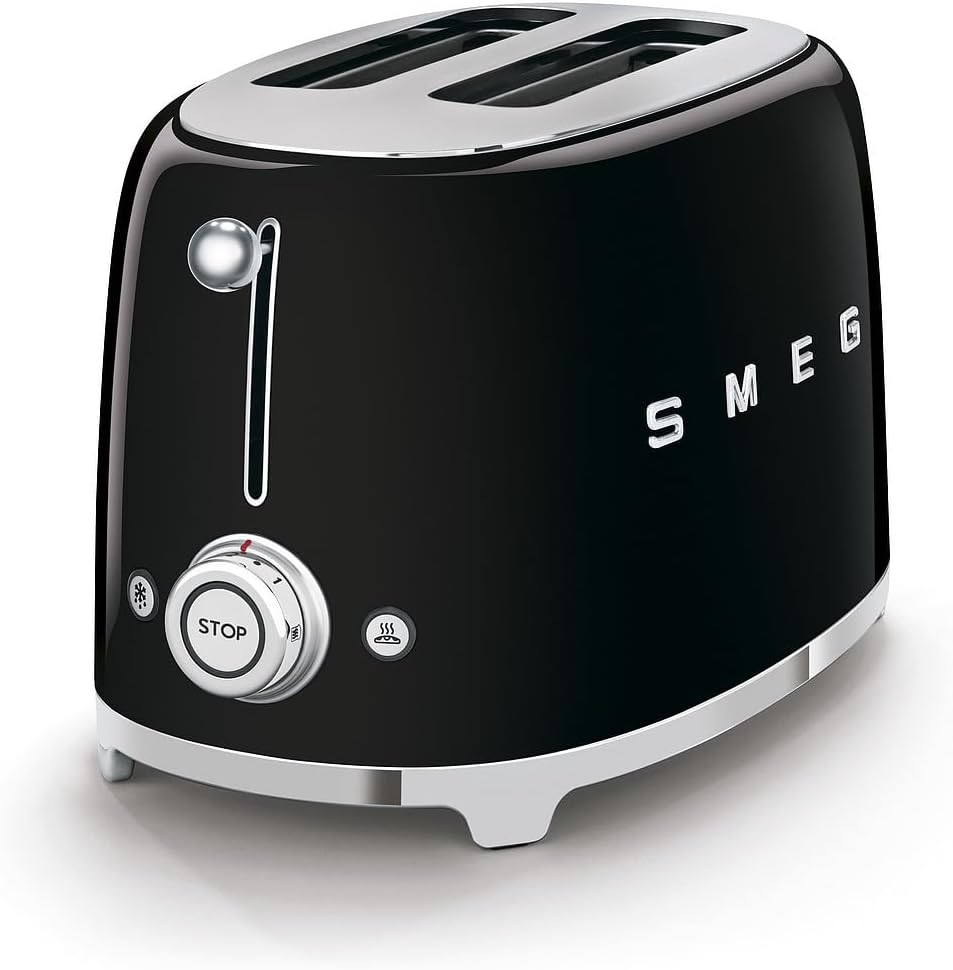 Smeg, Grille-pain 2 Tranches TSF01BLEU, 2 Fentes 36 mm, 6 Niveaux de Brunissage, Fonction Chauffage, Décongélation et Bagel, Éjection Automatique du Pain, Ramasse Miettes, 950 W, Noir