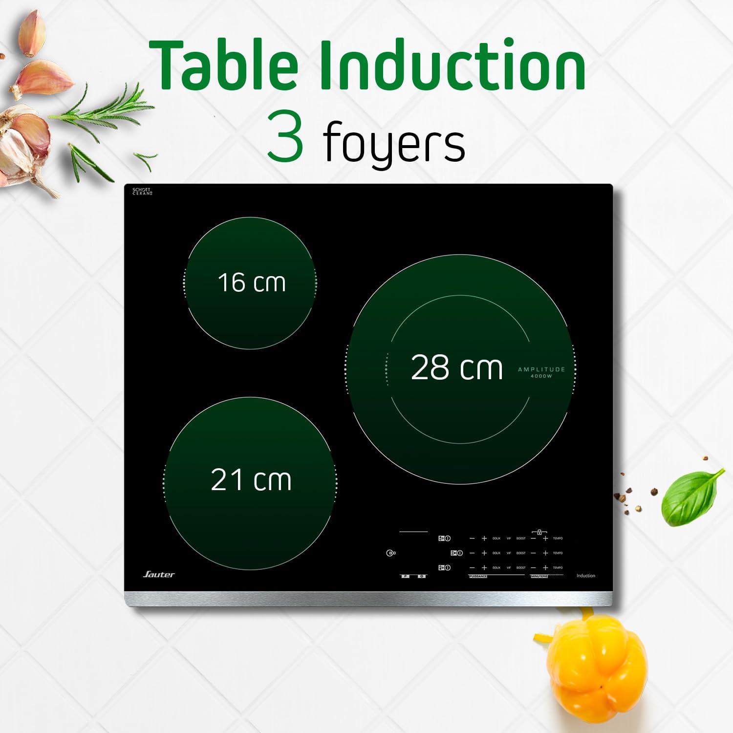 Sauter - SPI4360W - Plaque Induction - Table de Cuisson Encastrable - Blanc - 3 Foyers - 7200W - Dimensions Encastrement : 56x49cm - Grand Foyer 28 cm et 14 Positions Cuissons - Fabriqué en France