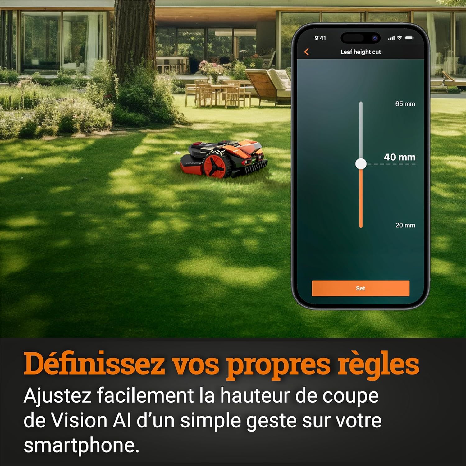 WORX LANDROID Vision WR206E.1, Robot Tondeuse sans Fil périphérique 600 m² Surf.Max 700 m², Installation en 30 Min, Caméra 4K + IA Adaptative, évite Tous Les Obstacles, Coupe des Bordures, Multizone