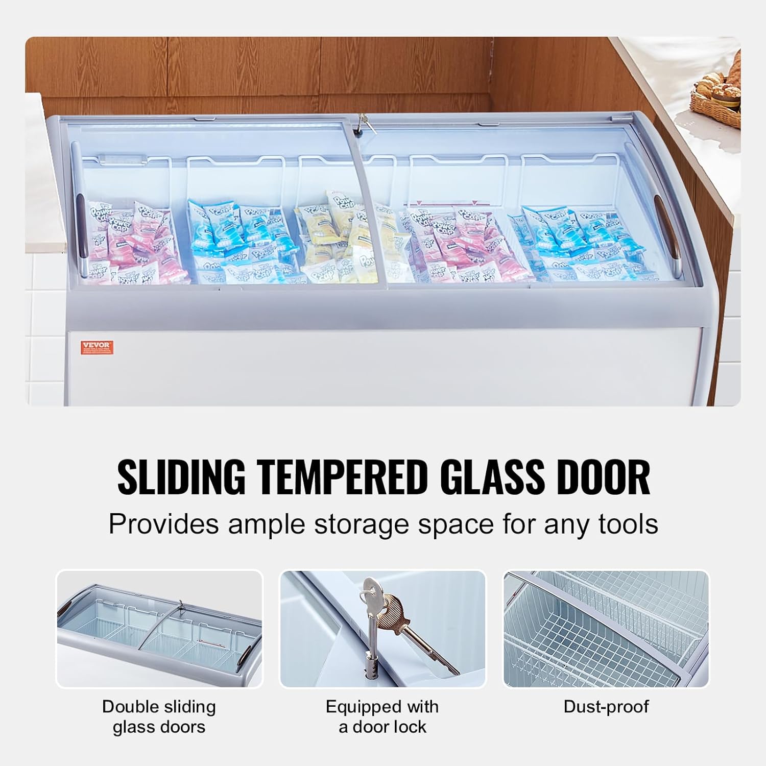 VEVOR Vitrine Réfrigérée à Crème Glacée Commerciale, Comptoir à Glace 460 L, Congélateur Mobile avec Dessus en Verre, 5 Paniers Métalliques, 2 Portes Coulissantes en Verre, Roulettes Verrouillables