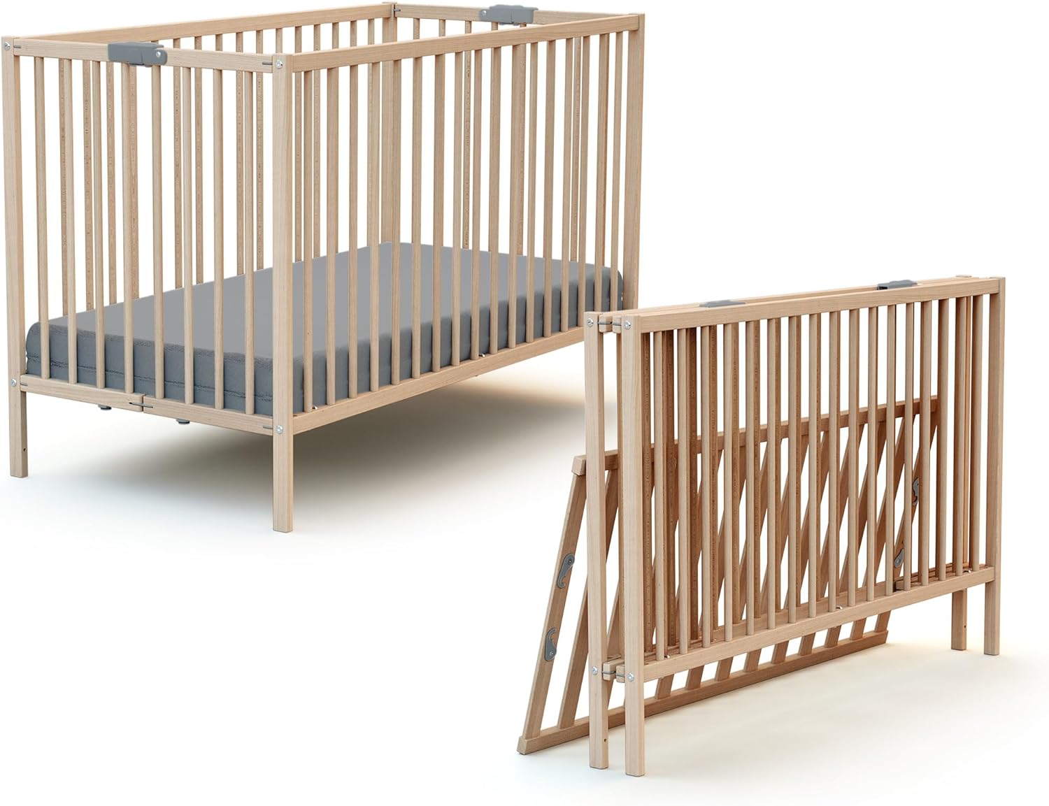 WEBABY - Lit bébé pliant 60x120cm Blanc | Bois massif | Dès la naissance |Confort de sommeil | Sommier à lattes | Compact | Transportable | Pliable |Gain de place | Lit de voyage