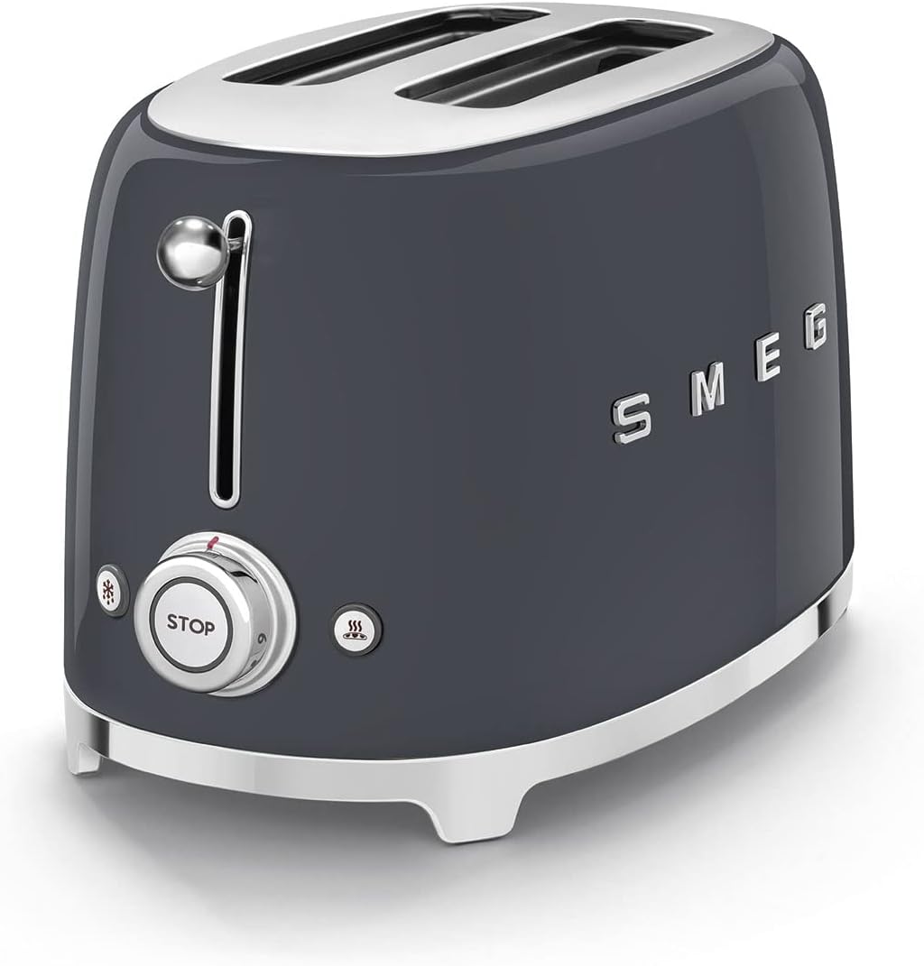 Smeg, Grille-pain 2 Tranches TSF01BLEU, 2 Fentes 36 mm, 6 Niveaux de Brunissage, Fonction Chauffage, Décongélation et Bagel, Éjection Automatique du Pain, Ramasse Miettes, 950 W, Noir
