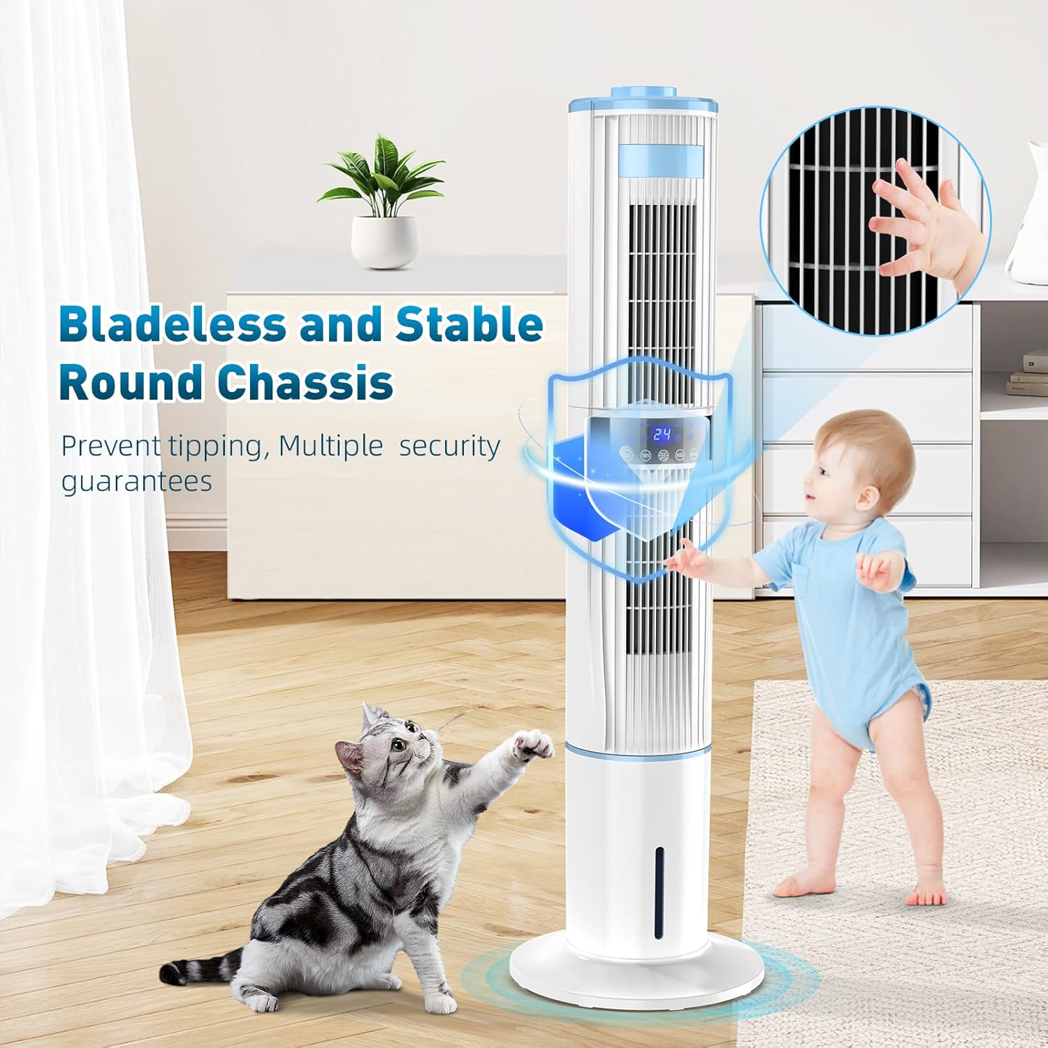 Climatiseur Mobile Silencieux Rafraîchisseur d'air avec Humidificateur, Ventilateur, 2 Sortie d'air, 360°Oscillation, 65W, 24H Minuteries, 3 Vitesses, 4 Modes,Télécommande pour Chambre Bureau