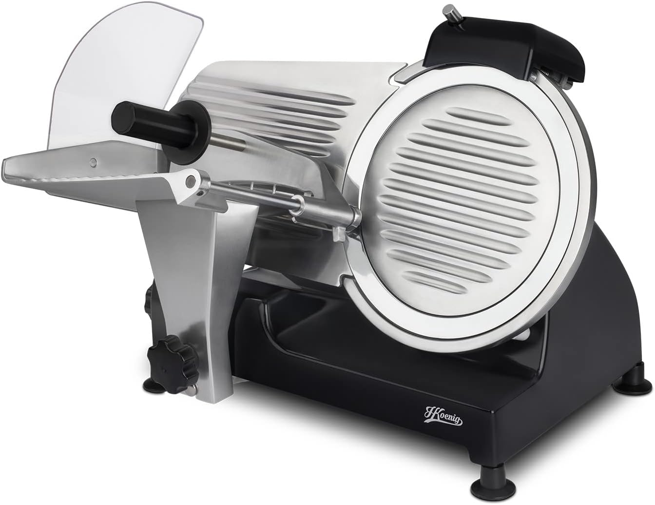 H.Koenig Trancheuse électrique à viande MSX254, charcuterie, professionnelle, précise,coupe 0-12 mm,lame 25 cm,aiguiseur intégré,large plateau,282 rpm, Rouge