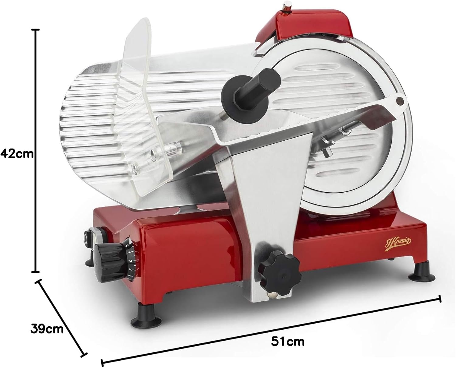 H.Koenig Trancheuse électrique à viande MSX254, charcuterie, professionnelle, précise,coupe 0-12 mm,lame 25 cm,aiguiseur intégré,large plateau,282 rpm, Rouge