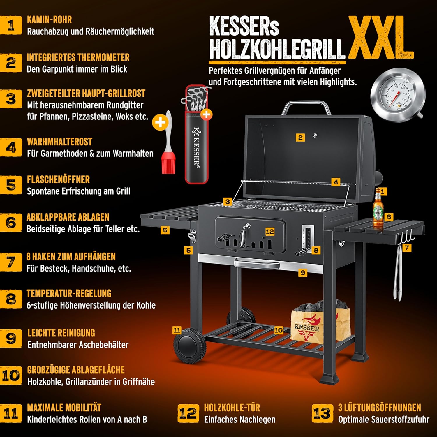 KESSER® Chariot à Barbecue | Grill XL à Charbon de Bois avec Couvercle, Roues, poignée en Acier Inoxydable, Grille et thermomètre | Grand Barbecue au Charbon de Bois