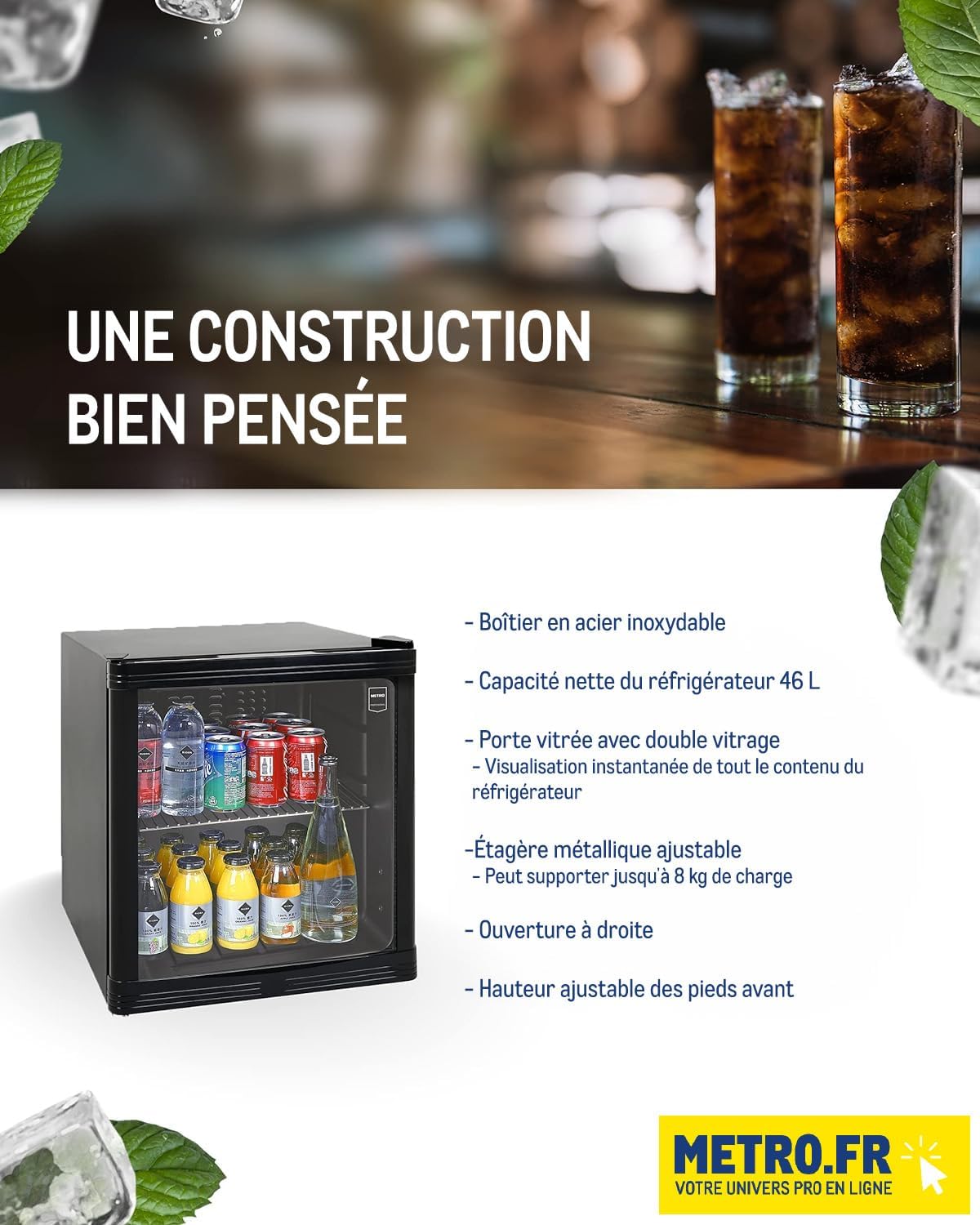METRO Professional Réfrigérateur à boissons GPC1088, métal/verre, 43 x 49 x 83 cm, 88 L, réfrigération statique, noir