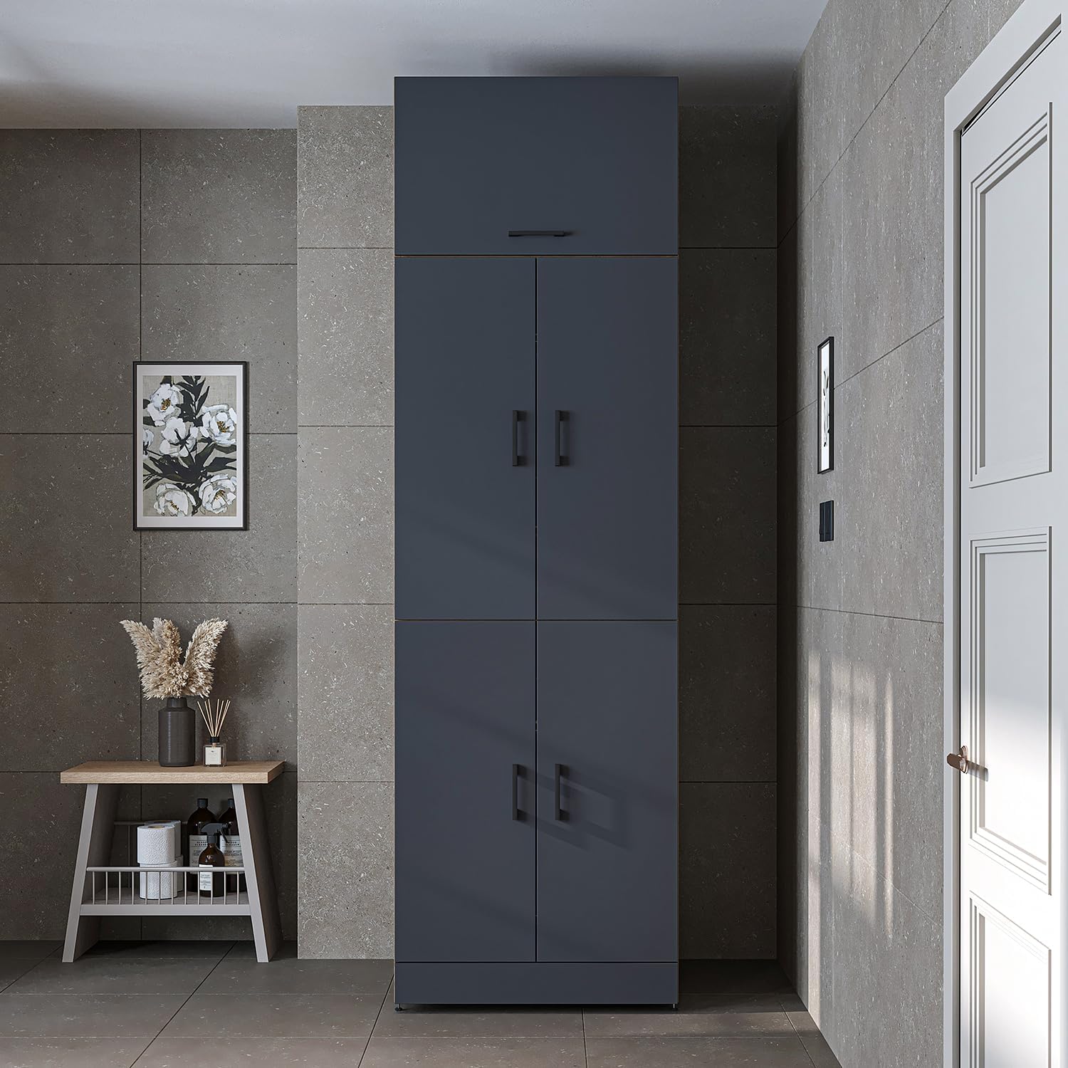 ROOMART Dora Armoire de machine à laver, pour sèche-linge et machine à laver, en 4 couleurs, avec portes et planche coulissante (chêne anthracite)