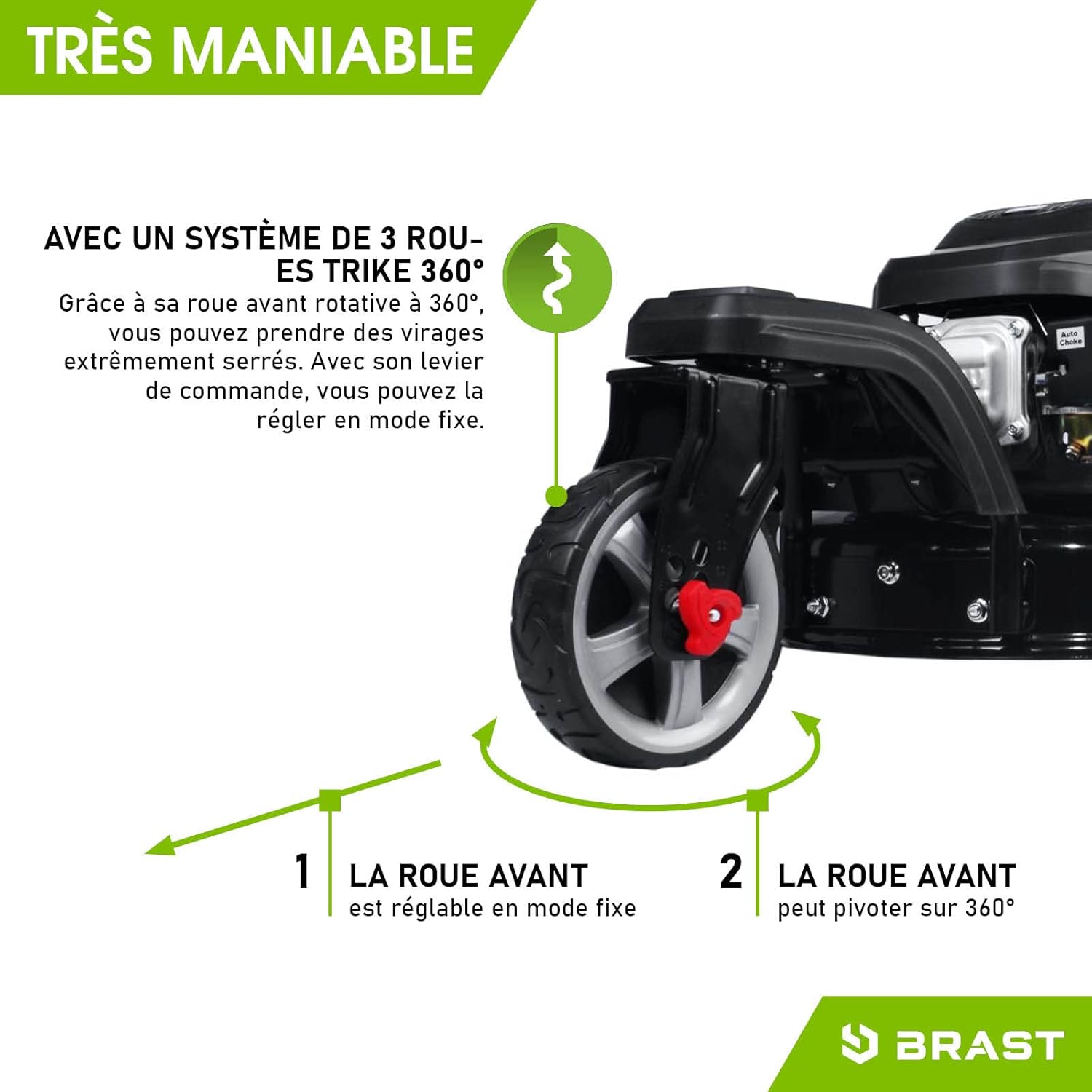 BRAST tondeuse thermique 3 roues TRIKE E-START 224cc 53cm tractée démarrage électrique mulching 4en1 capot en tôle en acier 60l - moteur 4 temps de la marque française GT reglable