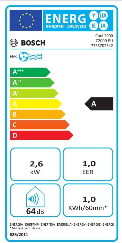 Bosch Cool 2000 Portable AC - 3 en 1 : Climatiseur, Déshumidificateur, Ventilateur - 2,6kW PAC pour les pièces jusqu'à 35m² - Avec Mode Auto, Mode Silencieux & Mode Veille