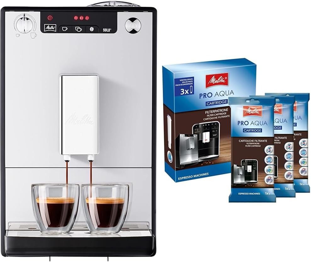 Melitta Caffeo Solo Noir Pure Black, Machine à Café à Grains avec Broyeur et Système d'Extraction des Arômes, Affichage LED, Mode 1 à 2 Tasses, Cafetière Expresso, Automatique, E950-222, 1400W