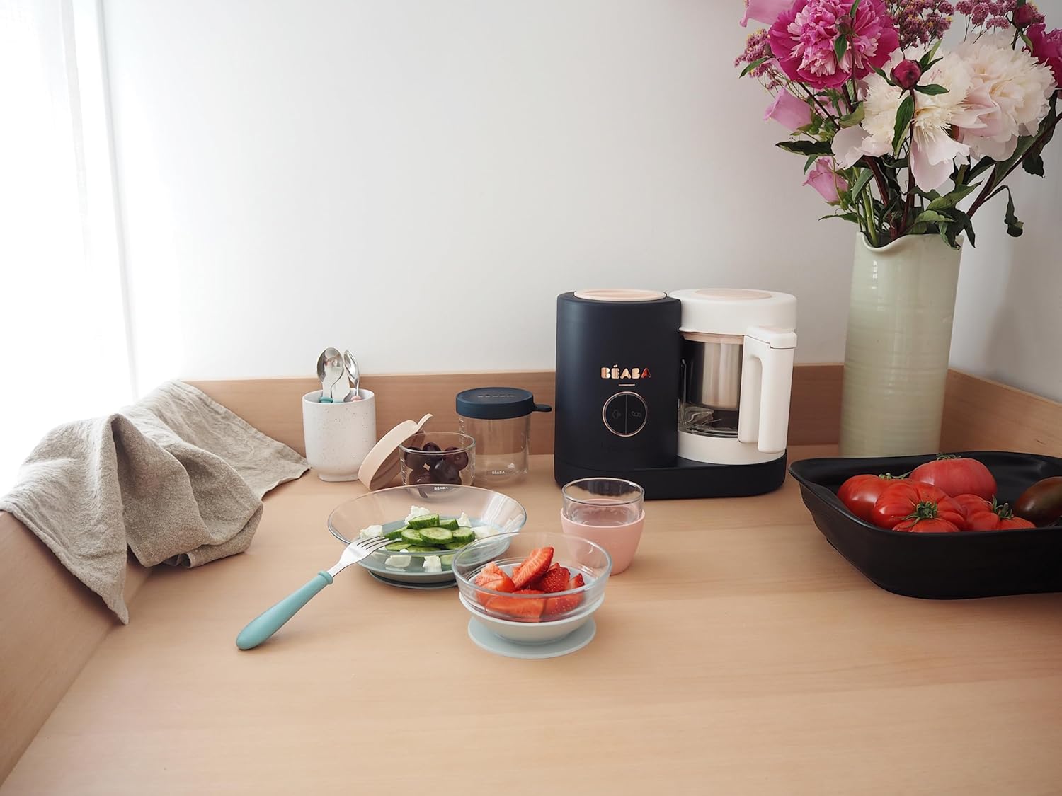 BÉABA, Babycook Néo, Mixeur Cuiseur Vapeur 6 en 1, Robot Bebe Fabriqué en France, Bol en Verre, Cuve Inox, Grande contenance, Diversification alimentaire, Petits pots bébé maison, Rapide, Eucalyptus