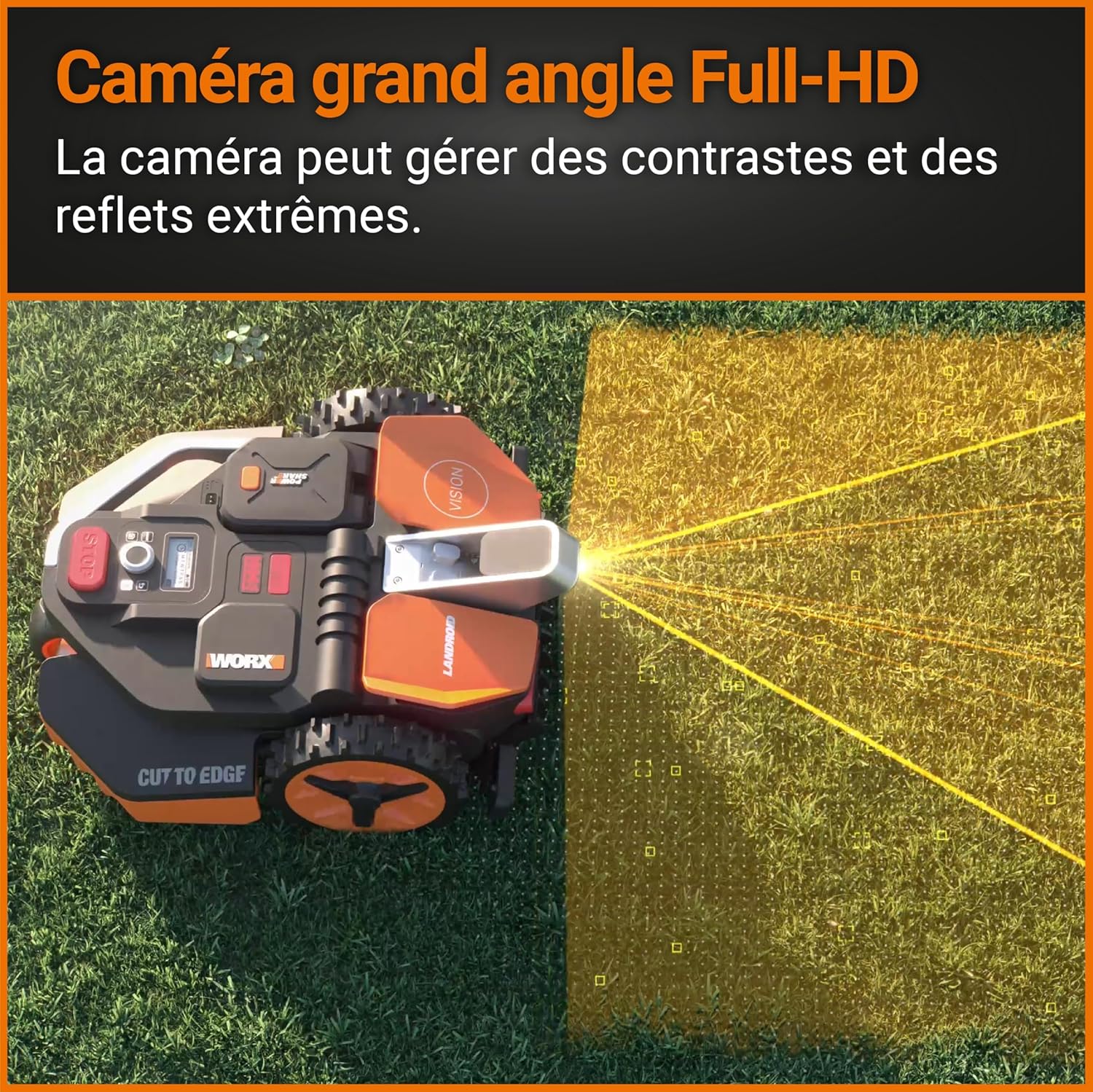 WORX LANDROID Vision WR206E.1, Robot Tondeuse sans Fil périphérique 600 m² Surf.Max 700 m², Installation en 30 Min, Caméra 4K + IA Adaptative, évite Tous Les Obstacles, Coupe des Bordures, Multizone