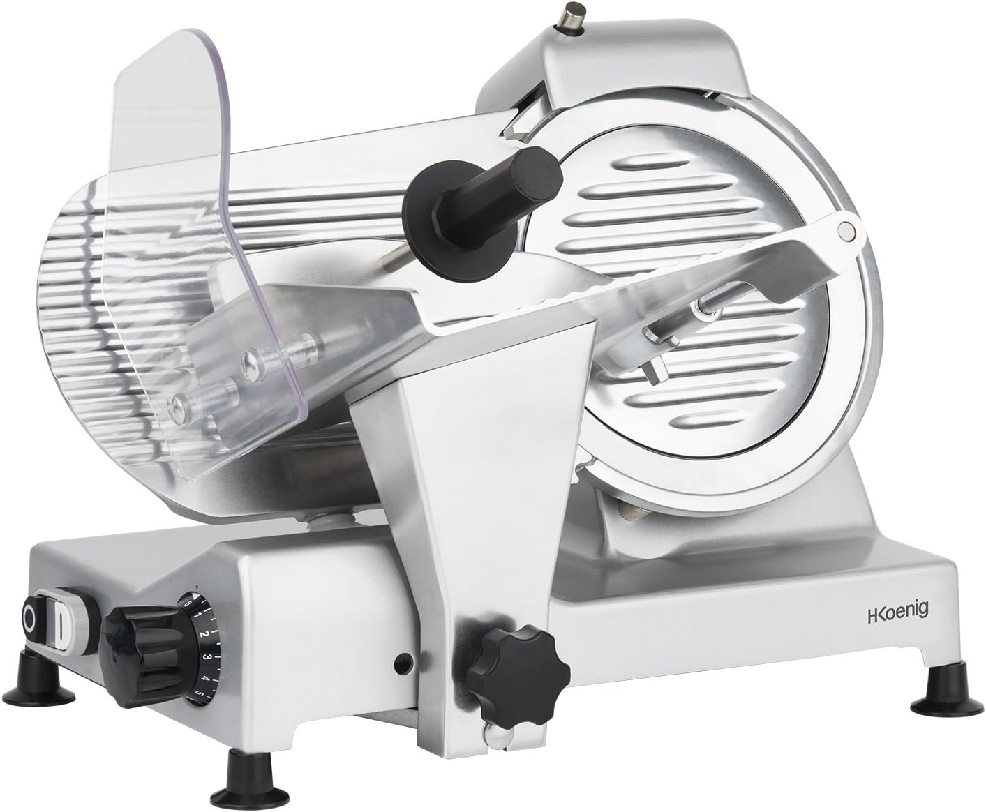 H.Koenig Trancheuse électrique à viande MSX254, charcuterie, professionnelle, précise,coupe 0-12 mm,lame 25 cm,aiguiseur intégré,large plateau,282 rpm, Rouge