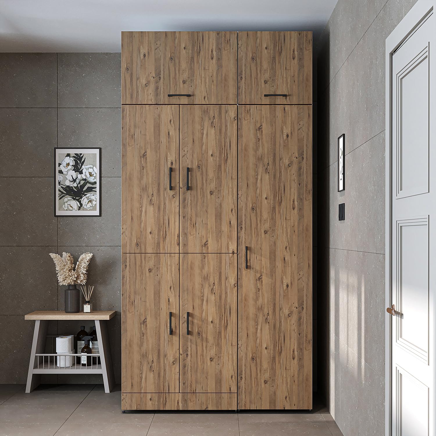 ROOMART Dora - Armoire de machine à laver - Pour sèche-linge et machine à laver - En 4 couleurs - Avec portes et panneau coulissant - Blanc - Chêne blanc - Chêne anthracite - Chêne blanc (chêne blanc)