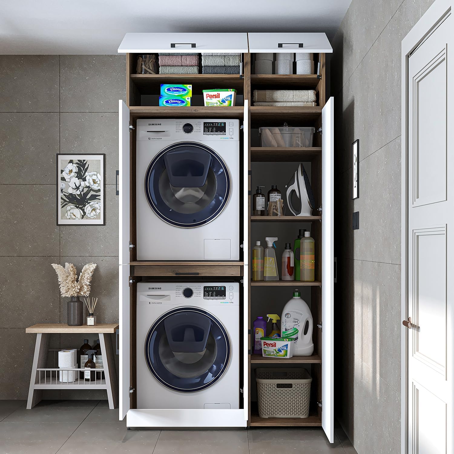 ROOMART Dora - Armoire de machine à laver - Pour sèche-linge et machine à laver - En 4 couleurs - Avec portes et panneau coulissant - Blanc - Chêne blanc - Chêne anthracite - Chêne blanc (chêne blanc)