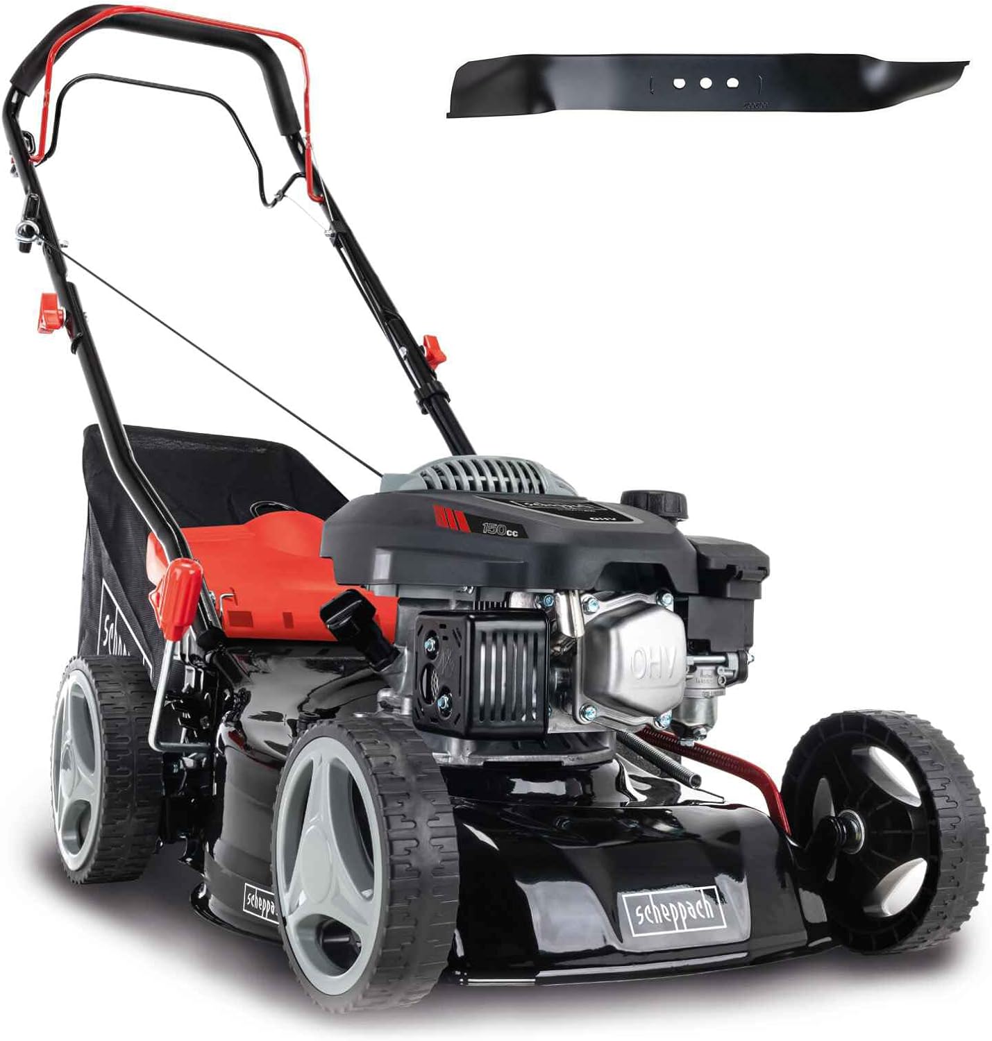 Scheppach Tondeuse à Gazon Thermique MS150-42 | Autotractée - 3,7 CV | Largeur de Coupe 42cm | Raccord Rapide de Nettoyage | Panier 45L | Hauteur - 7 Niveaux | Lame supp. + Huile Incluse