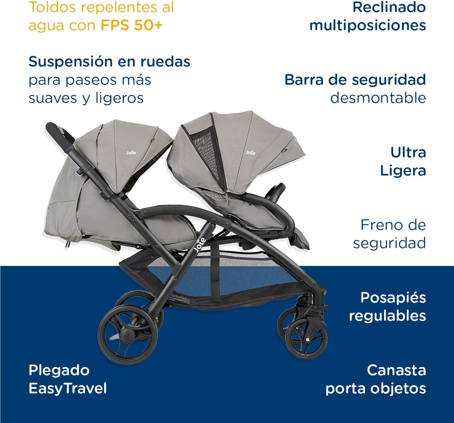 Joie - Evalite™ Duo - Poussette Double - Siège Arrière Inclinable À Plat - Pliage Facile & Compact - Compatible Sièges Auto - Suspension 4 Roues - Harnais 5 Points SoftTouch - Dès la naissance