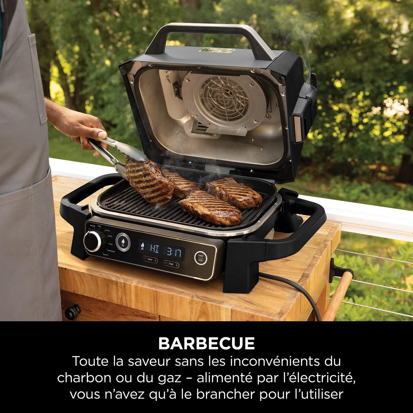 Ninja Woodfire Barbecue électrique et fumoir Pro XL avec thermomètre, barbecue et Air fryer d'extérieur 4-en-1 avec système Smart Cook et granulés Woodfire, portatif, gris/noir, OG850EU