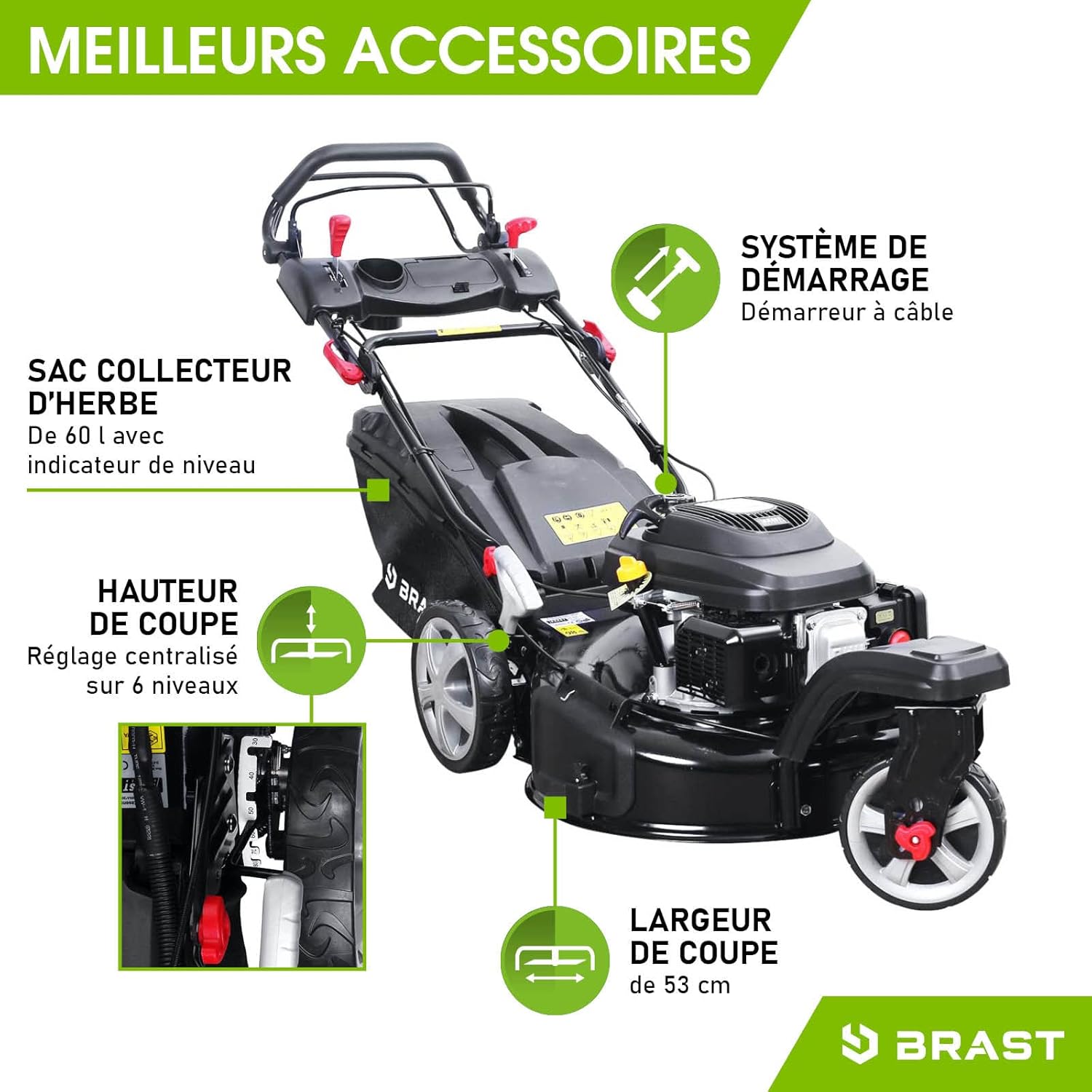 BRAST tondeuse thermique 3 roues TRIKE E-START 224cc 53cm tractée démarrage électrique mulching 4en1 capot en tôle en acier 60l - moteur 4 temps de la marque française GT reglable