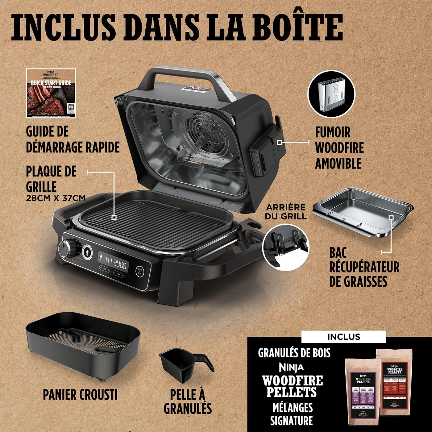 Ninja Woodfire Barbecue électrique et fumoir Pro XL avec thermomètre, barbecue et Air fryer d'extérieur 4-en-1 avec système Smart Cook et granulés Woodfire, portatif, gris/noir, OG850EU