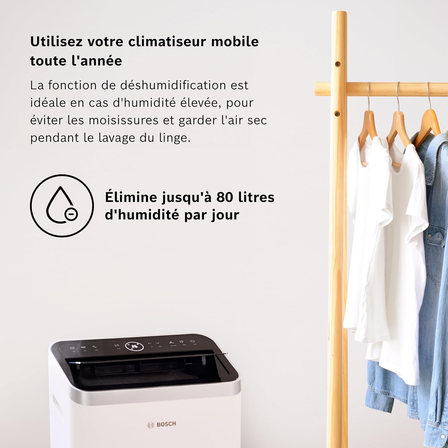 Bosch Cool 2000 Portable AC - 3 en 1 : Climatiseur, Déshumidificateur, Ventilateur - 2,6kW PAC pour les pièces jusqu'à 35m² - Avec Mode Auto, Mode Silencieux & Mode Veille