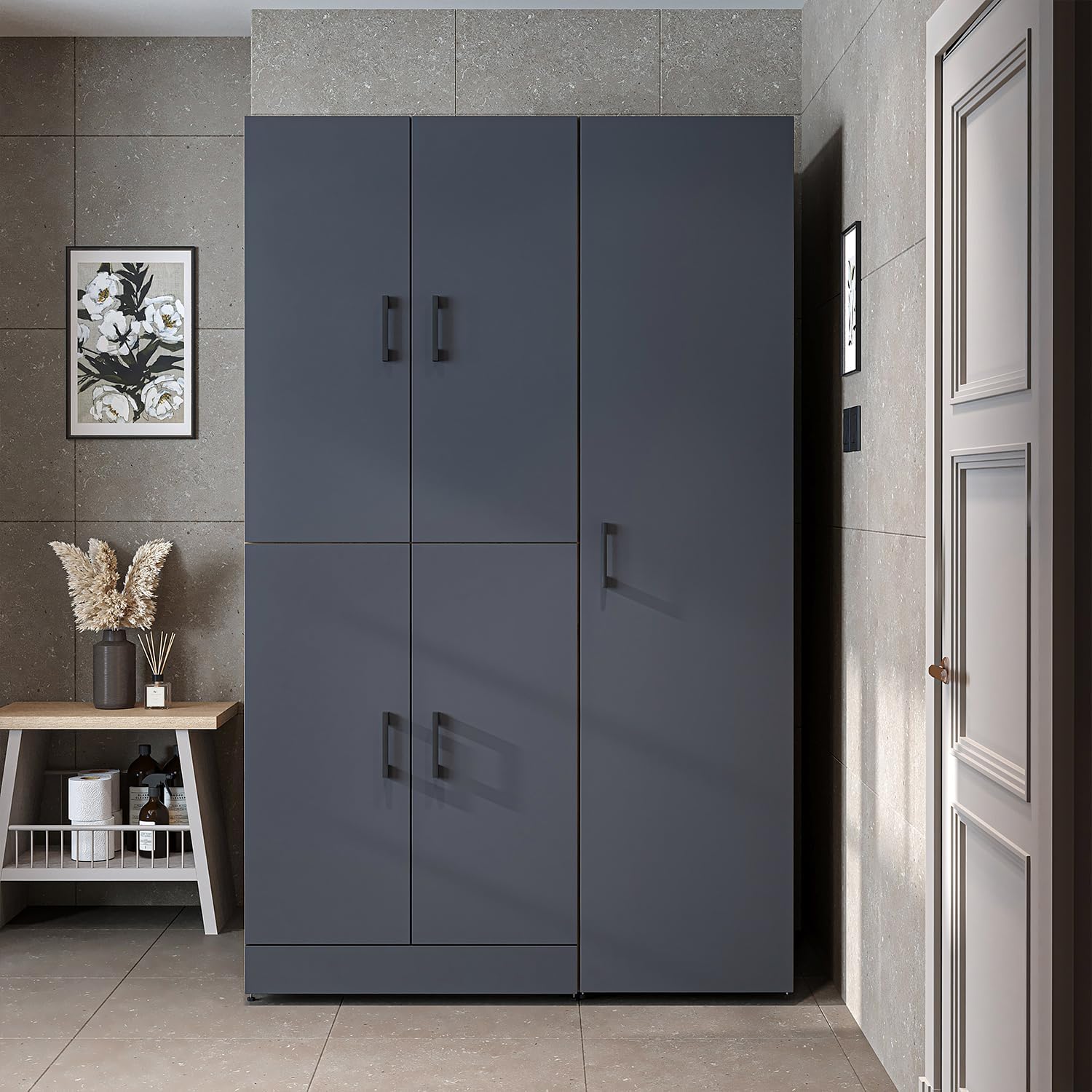 ROOMART Dora - Armoire de machine à laver - Pour sèche-linge et machine à laver - En 4 couleurs - Avec portes et panneau coulissant - Blanc - Chêne blanc - Chêne anthracite - Chêne blanc (chêne blanc)