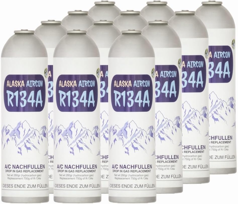 Alaska@ R134a Lot de 12 bouteilles de gaz de rechange pour climatiseur pour les professionnels et les professionnels