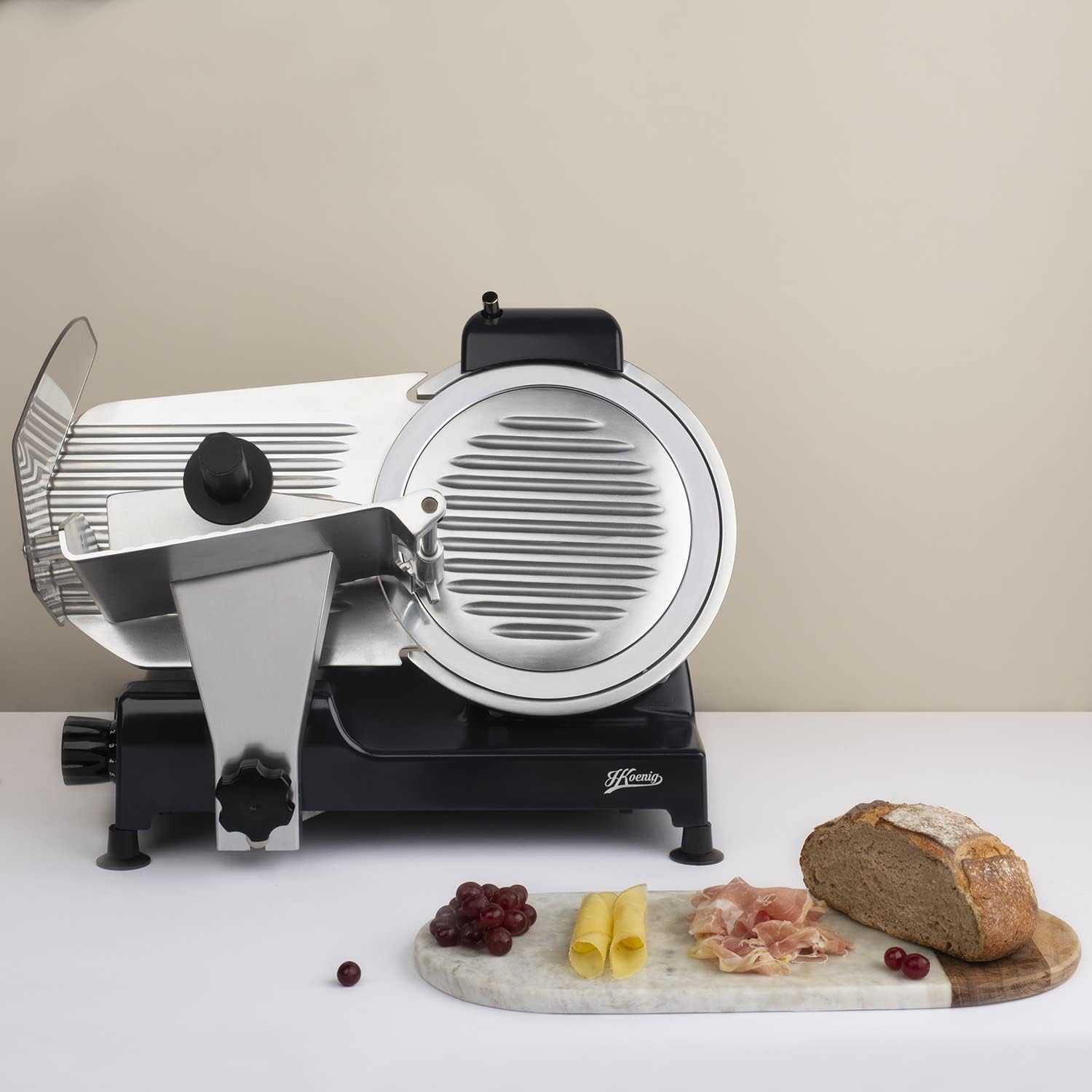 H.Koenig Trancheuse électrique à viande MSX254, charcuterie, professionnelle, précise,coupe 0-12 mm,lame 25 cm,aiguiseur intégré,large plateau,282 rpm, Rouge