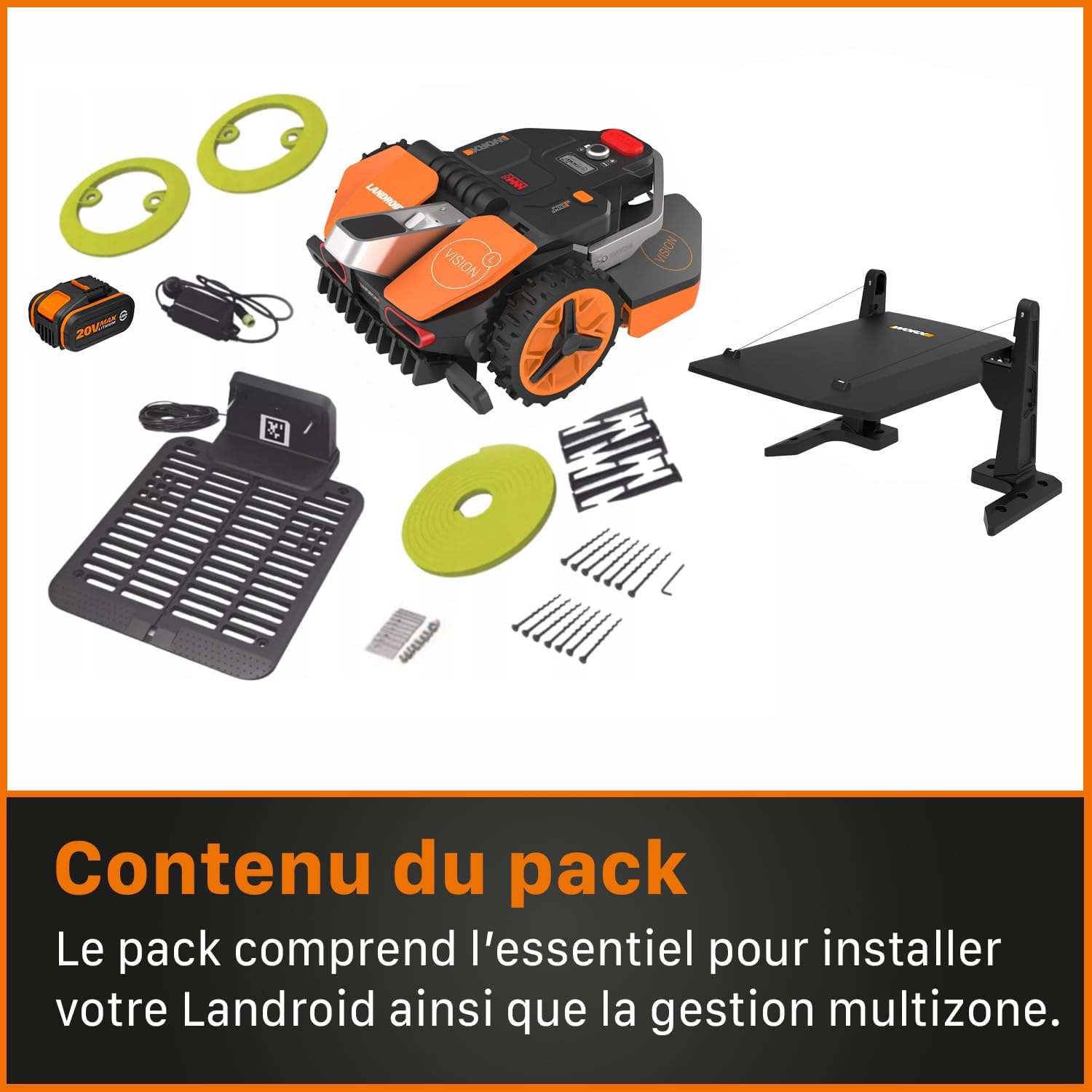 WORX LANDROID Vision WR206E.1, Robot Tondeuse sans Fil périphérique 600 m² Surf.Max 700 m², Installation en 30 Min, Caméra 4K + IA Adaptative, évite Tous Les Obstacles, Coupe des Bordures, Multizone