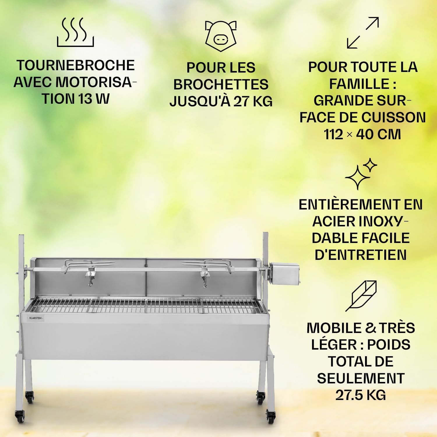 Klarstein Tourne Broche Mechoui Electrique, Rotisserie et Gril de Barbecue, Grande Broche Cochon de Lait, Tourne Broche Barbecue Rotissoire, Bbq Grill Barbecue 12W avec 3 Pieds en Acier Inoxydable