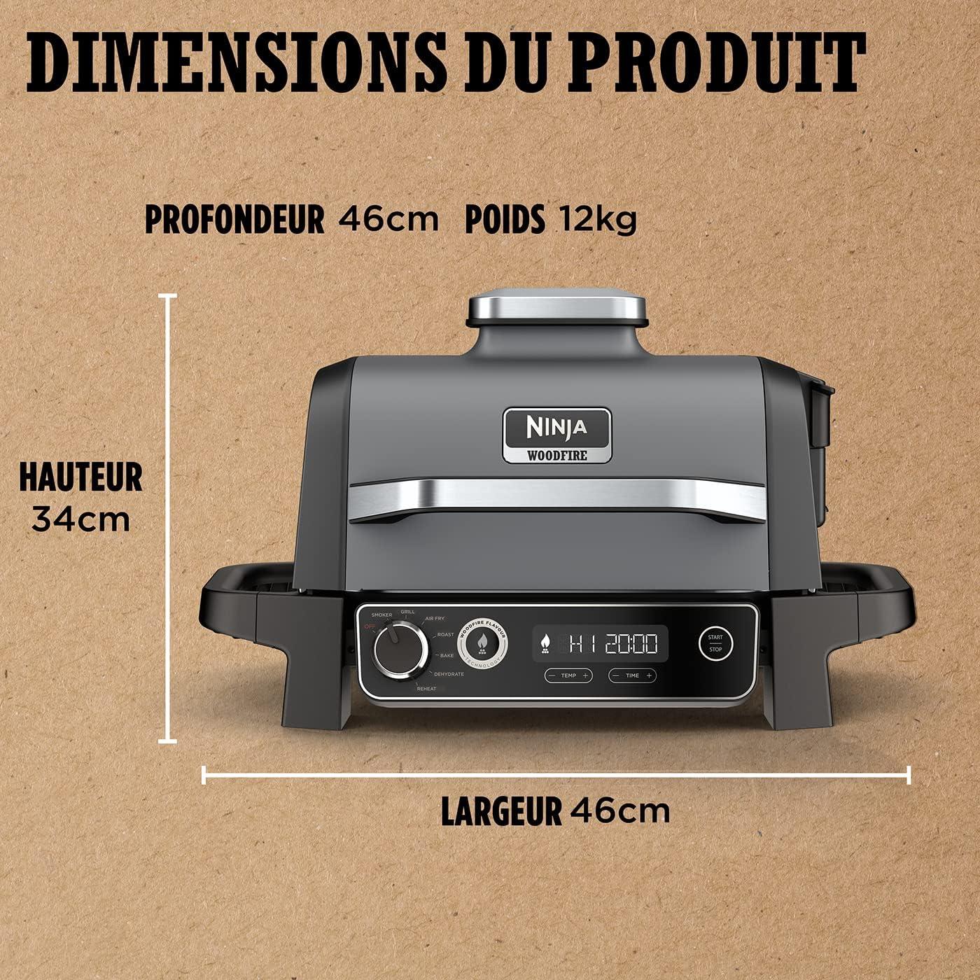 Ninja Woodfire Barbecue électrique et fumoir Pro XL avec thermomètre, barbecue et Air fryer d'extérieur 4-en-1 avec système Smart Cook et granulés Woodfire, portatif, gris/noir, OG850EU