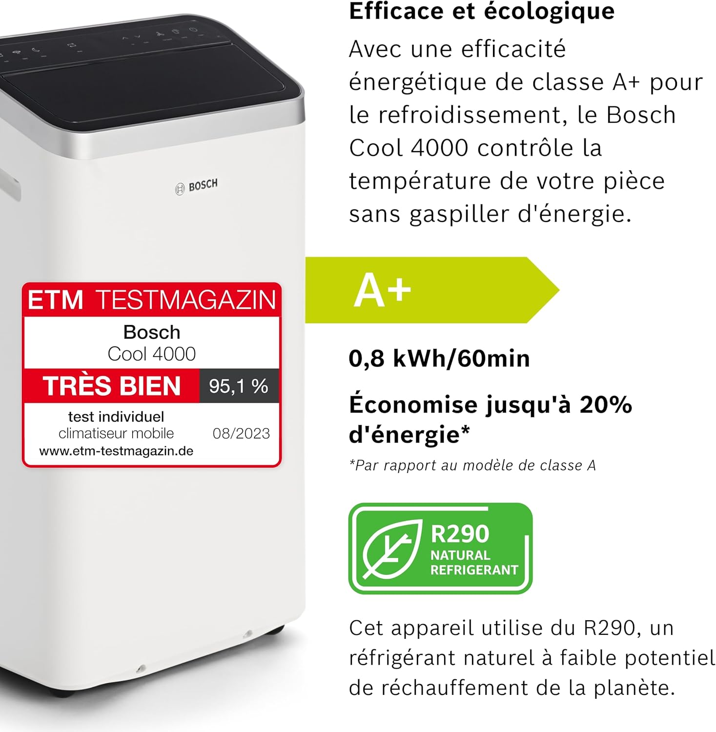 Bosch Cool 2000 Portable AC - 3 en 1 : Climatiseur, Déshumidificateur, Ventilateur - 2,6kW PAC pour les pièces jusqu'à 35m² - Avec Mode Auto, Mode Silencieux & Mode Veille