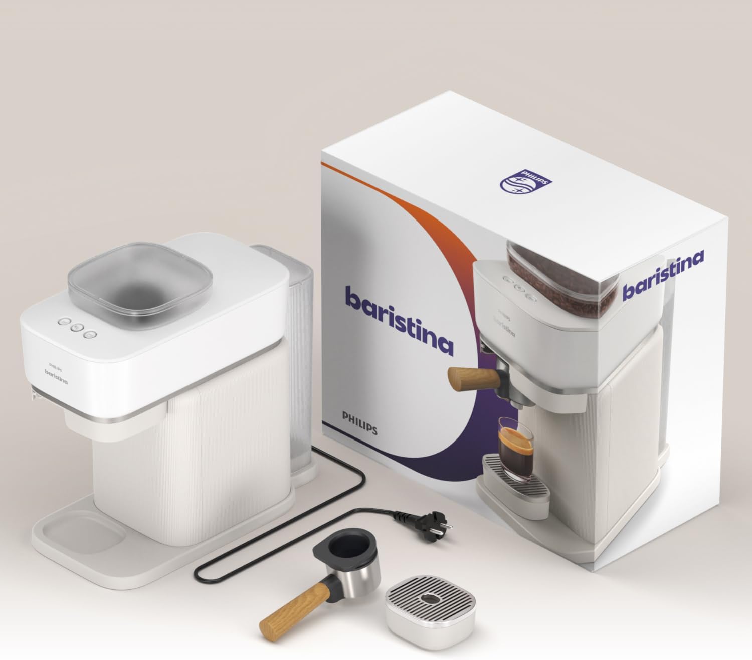 Philips Baristina Machine à expresso - Un véritable expresso, en toute simplicité - Compacte - 16 bars de pression - Broyeur intégré - Machine blanche avec porte-filtre blanc (BAR300/00)