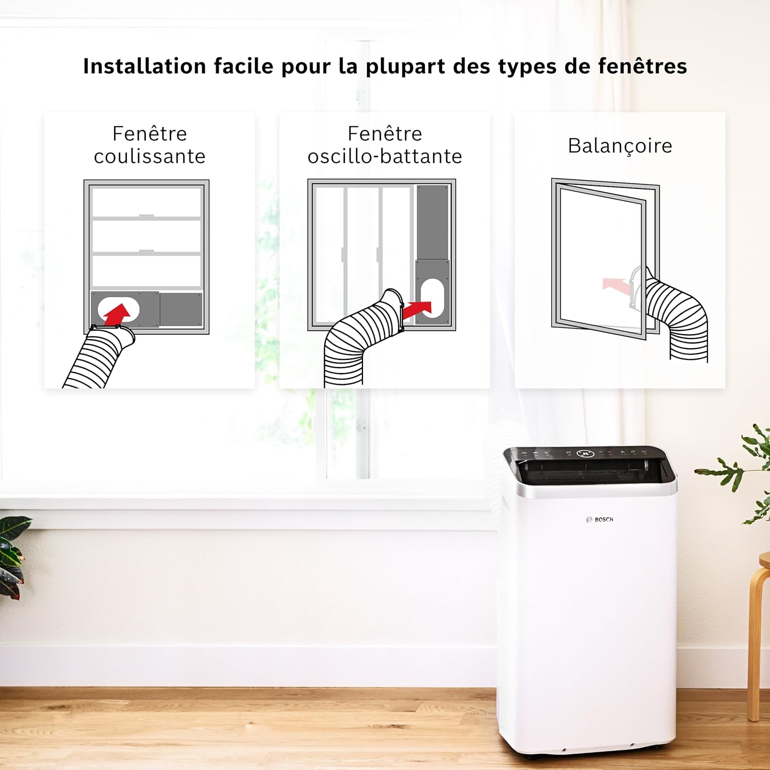 Bosch Cool 2000 Portable AC - 3 en 1 : Climatiseur, Déshumidificateur, Ventilateur - 2,6kW PAC pour les pièces jusqu'à 35m² - Avec Mode Auto, Mode Silencieux & Mode Veille