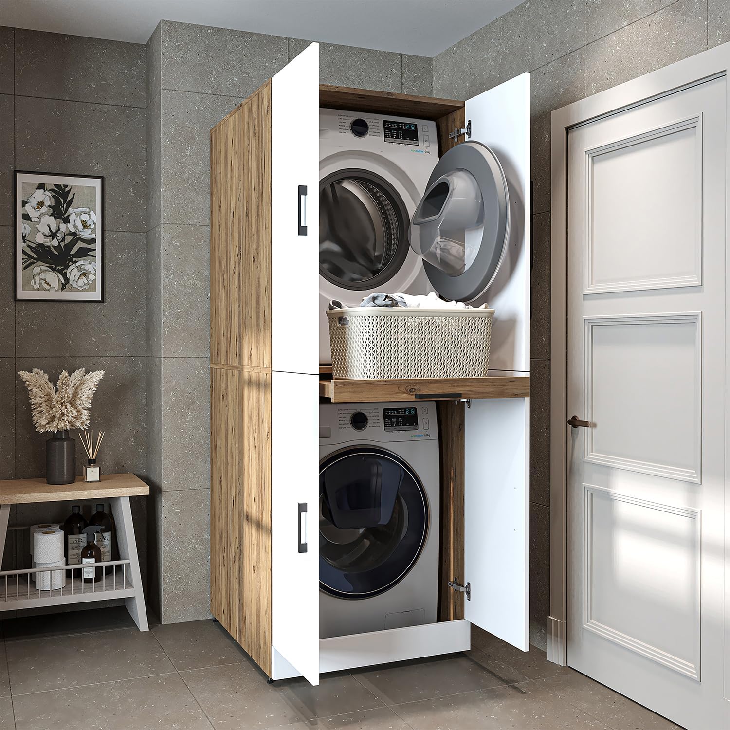 ROOMART Dora Armoire de machine à laver, pour sèche-linge et machine à laver, en 4 couleurs, avec portes et planche coulissante (chêne anthracite)